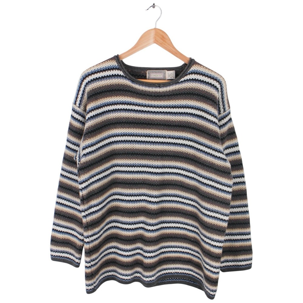 Vintage Striped Knit Sweater Gray Blue Cream Cotton Blend Women's M/L